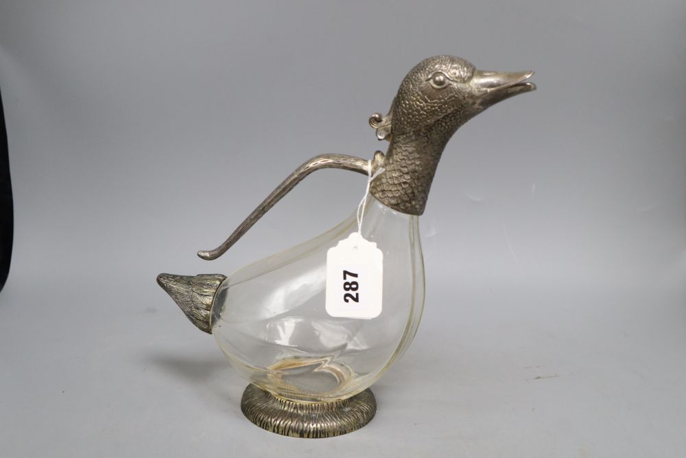 A silver plated novelty duck decanter, height 26cm